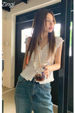 Out White Korean Edible Tree Fungus Shirts V Neck Tanks Crop Tops Y2k Ballet Chic Women Slim Waist Folds Camisas