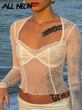 Fashion Y2K Lace Trim Mesh Crop Tops 90s Aesthetics Patchwork Square Neck Long Sleeve White Sexy Tees Summer