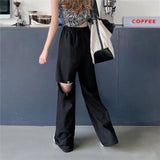 Harajuku Hollow Out Wide Leg Pants Women High Waist Elastic Streetwear Straight Trousers Summer Hip Hop BF Goth