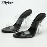 Super Sexy Peep Toe PVC Transparent Hollow Women Summer Slippers Design Plexiglass Hoof Clear Heel Slides