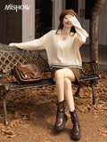Women's Loose Sweaters 2022 Autumn Winter Soft Waxy Style Turn-down Collar V Neck Contrast Stripe Warm Tops