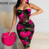Women Cami Floral Print Mesh Straight Dress Bodycon Dress Summer