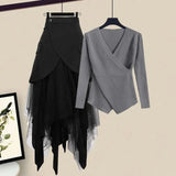Winter 2 Piece Sets Women Long Sleeve Deep V-Neck Knitting Sweater And Irregular Mesh Patchwork Black Skirt Two Piece