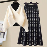 Warm Knitwears 3 Pieces Set For Womens Outfit Korean High Quality Pullover Knitted Sweater+print Pleated Skirts Sets