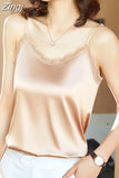 Silk Women Blouses Tops Woman Satin Lace Blouse Shirts Women Sleeveless V-neck Shirt Top 2023 Woman White Top