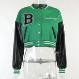 Patchwork Crop Jacket Women B Letter Print Jackets Varsity Ladies Autumn Winter Casual Oversized Fashion Baseball Coat