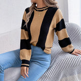 Shooting 2025 Autumn And Winter Casual Hit-Colored Striped Lantern Long-Sleeved Jacket Sweater Women's