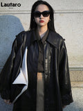 Spring Oversized Long Green Black Soft Pu Leather Trench Coat for Women Raglan Sleeve Belt Single Breasted Fashion