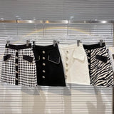 2022 Summer New Design Single Breasted Buttons Rhinestone Black White Plaid Short Mini Skirt Women