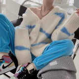 for Women Stripe Patchwork V-Neck Oversized Cardigan Loose Lazy Coats Woman Winter 2021 Korean Fashion Cardigan