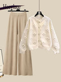 Winter Knit Sets Womens Outfits Korean Sweet Floral Knitted Cardigan And Wide Leg Pants Sets Ladies Elegant Knitting