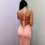Elegant Lace-up Backless Maxi Dress For Women Gown Summer Off-shoulder Sleeveless Slim Ruched Long Dress