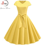 Summer Women Dress Short Sleeve Vintage V Neck Casual Elegant Retro Pin Up Rockabilly Party Midi Dresses