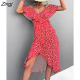 Floral Print Sling Dress Women Summer Dresses 2022 NEW Elegant Sexy Strapless Spaghetti Irregular Ruffle Hem Slit
