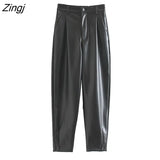 Women Fashion Solid Color Pleats Faux Leather Ankle Length Harem Pants Female Zipper Fly Trousers Pantalones Mujer