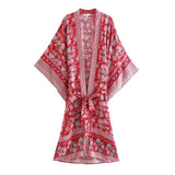 Queens Vintage Floral Print Sashes Women bohemian V Neck batwing Sleeves happie Blouses robe Kimono