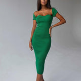 Woman Spring Summer Square Collar Short Sleeve Bodycon Knitted Mid-calf Office Dress Female Green Purple Elegant
