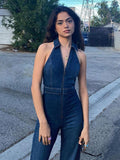 Halter Neck Denim Jumpsuit- Outfit