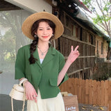 Streetwear Women Short Sleeve Suit Blazer Summer Loose Solid Top Casual Korean All-match Elegant Button Suit Blazer