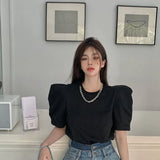 Cool Chain Puff Sleeve Rose Red Solid T Shirts Elegant Fashion Office Lady Loose Summer Large 2XL O-neck Tops