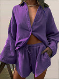 Long Sleeve Lapel Single Breasted Cardigan Shirt + Elastic Waist Shorts 2 Piece Set Women Casual Loose Solid Pocket