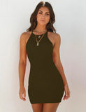 Zingj Spring And Summer Sexy Ribbed Small Halter Dress Solid Color Knit Show Thin Commuter