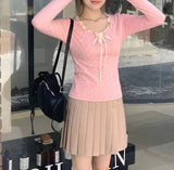 Ruffled Lace Trim Front Tie Long Sleeve TeeOutfit