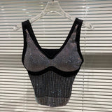 2022 Fall New Arrival Sleeveless V Neck Rhinestone Shiny Sexy Tank Tops Women Crop Top