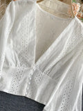 Hollow Out Women's Blouse Elegant Deep V-Neck Slim Short Shirts Female Puff Long Sleeve White Tops Autumn 2023 Blusas