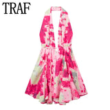 Print Halter Mini Dress Woman Sexy Backless Dress Women Summer Off Shoulder Short Dresses For Women Beach Party