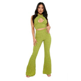 Popcorn Cloth Two Piece Set Women Sexy Cross Halter Backless Vest Crop Top Slim High Waist Flare Pants Fashion