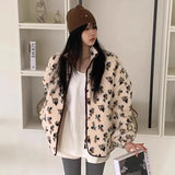 Fur Floral Print Zipper Jacket- Outfit