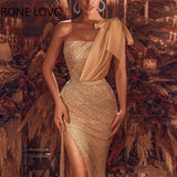 Women Elegant Diagonal Shoulder Feather Hollow Out Sequins High Silt Maxi Bodycon Sexy Formal Party