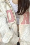American Vintage Zipper Hooded Jackets Women Gray Sweatshirt Letter Coats Sudadera Y2k Loose Fleece Thick High
