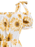 Boho Dress Women 3XL Cold Shoulder Self Tie Sunflower Print Dress Square Neck Fashion Party