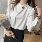 Women's Shirts Solid Satin Blouses for Women Chain Asymmetric Blouse Women Long Sleeve Top White O-neck Female 2023 Basic