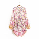 Queens Women Floral Print Sashes Boho Playsuits Ladies V Neck Long Sleeve Tassel Rayon Beach Jumpsuits