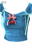 Summer Women's Crop Top Blue Kawaii T-shirts Square Collar Lace Up Vest Streetwear Sleeveless Casual Y2k Tank Tops