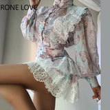 Women Chic Lantern Sleeve button Lace Hem All Over Print Mini Sweat Skirt
