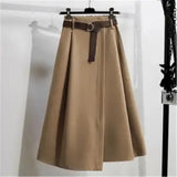 2022 Autumn Women Plaid Irregular Wool Midi Skirts Pleated Sashes England Style Vintage Warm A-Line Long Skirt Faldas Mujer