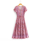Queens Women Floral Print Short Sleeve Tassel Pleated Bohemian Maxi Dresses Ladies V-neck Rayon Boho Dress