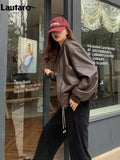 Spring Autumn Oversized Casual Waterproof Coffe Soft Pu Leather Jacket Women with Drop Shoulder Long Sleeve Fashion