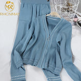 Women Stylish Suit Lady Chic V Neck Zipper Long Sleeve Coats Causl Long Pants Solid Knitting 2 Piece Set Autumn Winter