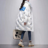 letter printed down jacket for women's medium long 2023 winter new Korean stand collar 90% white duck down coat