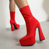 Fashion Women Ankle Boots Stretch Fabric Platform Square High Heel Punk Boots Pointed Toe Autumn Winter Ladies