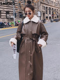 Winter Long Warm Thick Leather Trench Coat for Women with Faux Fur Inside Belt Loose Korean Fashion 2023 Fur Lined