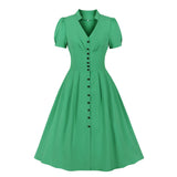 Neck Pinup Summer Shirt Dresses Vintage Solid Retro 1950s 60s Swing Party Sundress Button Up Rockabilly A Line Flare