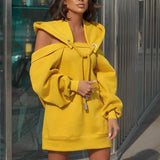 Color Women Hoodies Fitness Hooded Dress Casual Hollow Out Cold Shoulder Oversize Sweatshirt Detachable Hat Workout