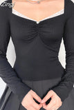 Sweet Chic Lace Trim Frill Spring Autumn Tee Shirts Slim Cute Ruched Cropped Tops Casual Basic Skinny T shirt