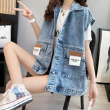 Loose Denim Tanks Women Spring Casual Korean Pockets Buttons Vest Vintage College Style Turn-dowm Tank Top for